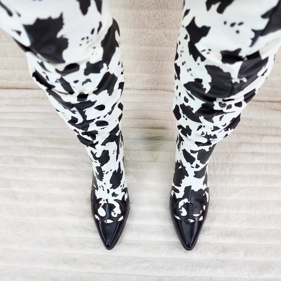 Western White & Black Cow Print OTK Thigh High Slouch Cowboy Boots - Picture 9 of 13